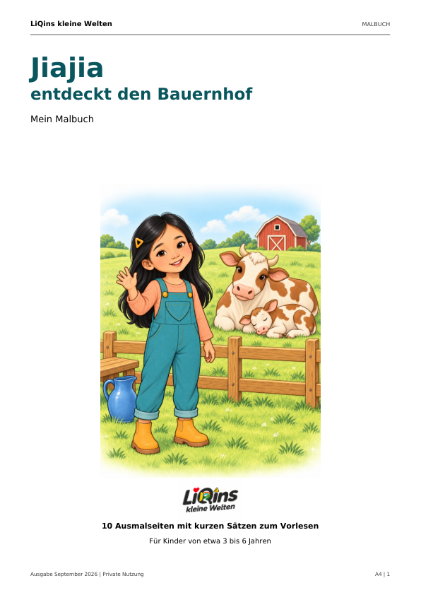 Titelentwurf: Jiajia entdeckt den Bauernhof – Mein Malbuch
