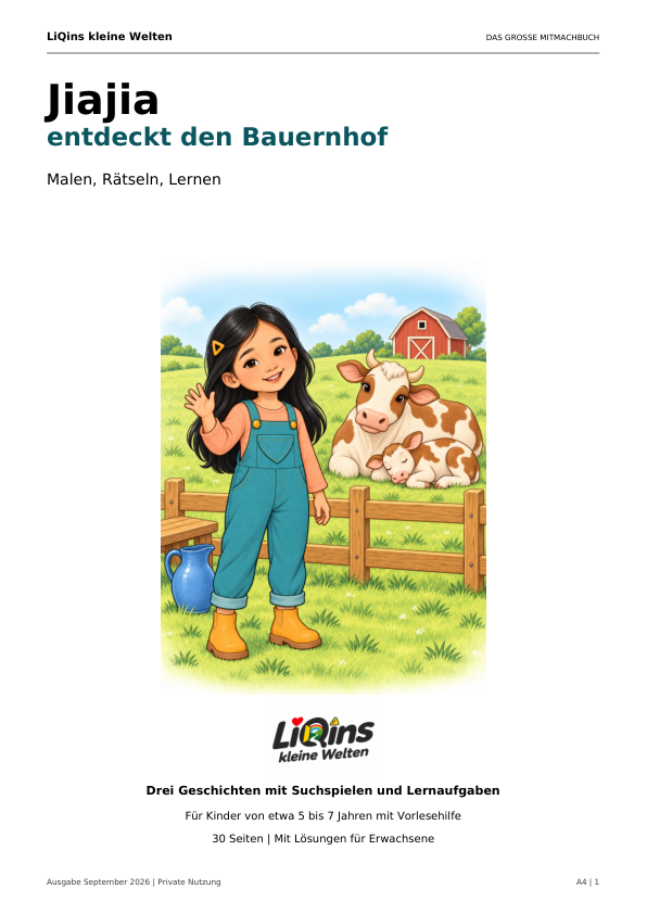 Titelentwurf: Jiajia entdeckt den Bauernhof – Malen, Rätseln, Lernen