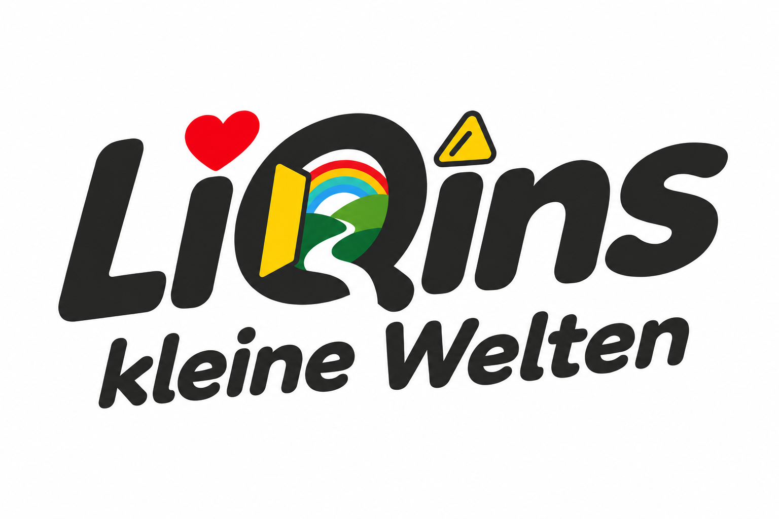 LiQins kleine Welten – unser Logo mit einer offenen Tür, Regenbogen, Herz und Haarspange